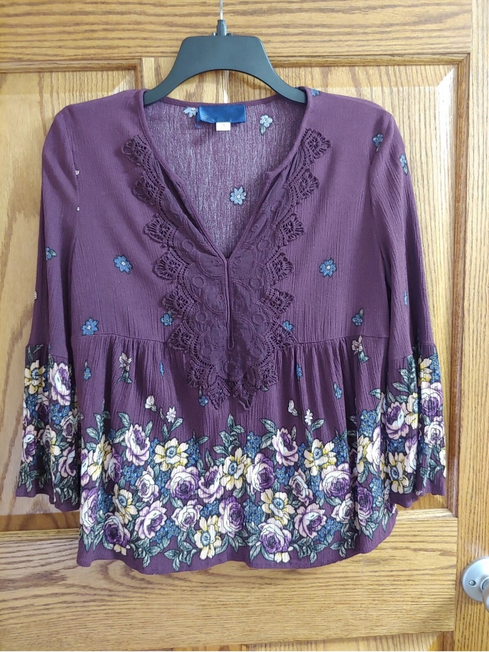 Blue Rain Plum Floral Crochet Trim Peasant Blouse
